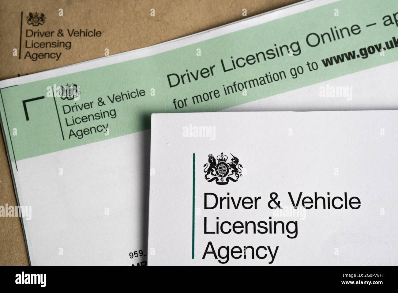 Driver and Vehicle Licensing Agency logo seen on Driver License application form received through post. Stafford, United Kingdom, June 2, 2021 Stock Photo