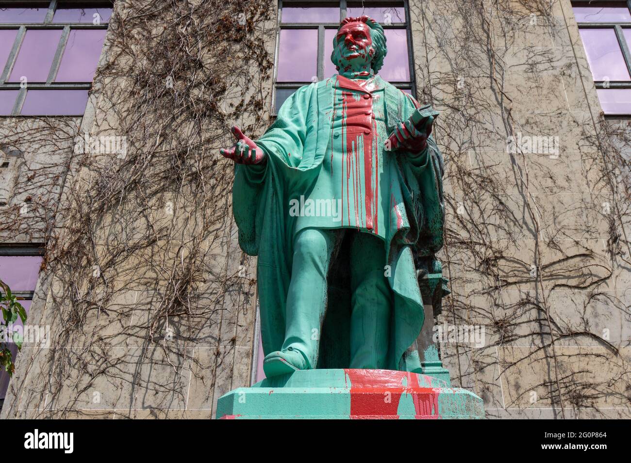 Defaced Statue Sculpture of Egerton Ryerson, Toronto, Canada. Part of a
