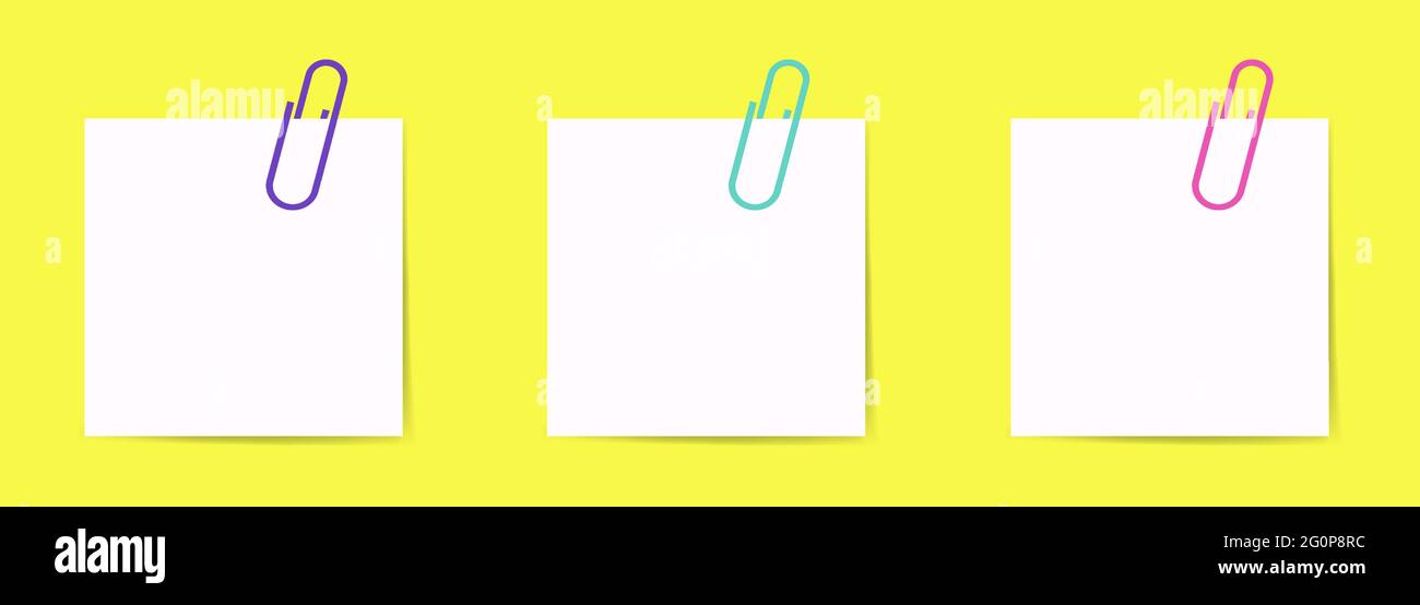 Colored paper clip with blank white note paper. White sheet for your message or adding more text. Vector illustration Stock Vector