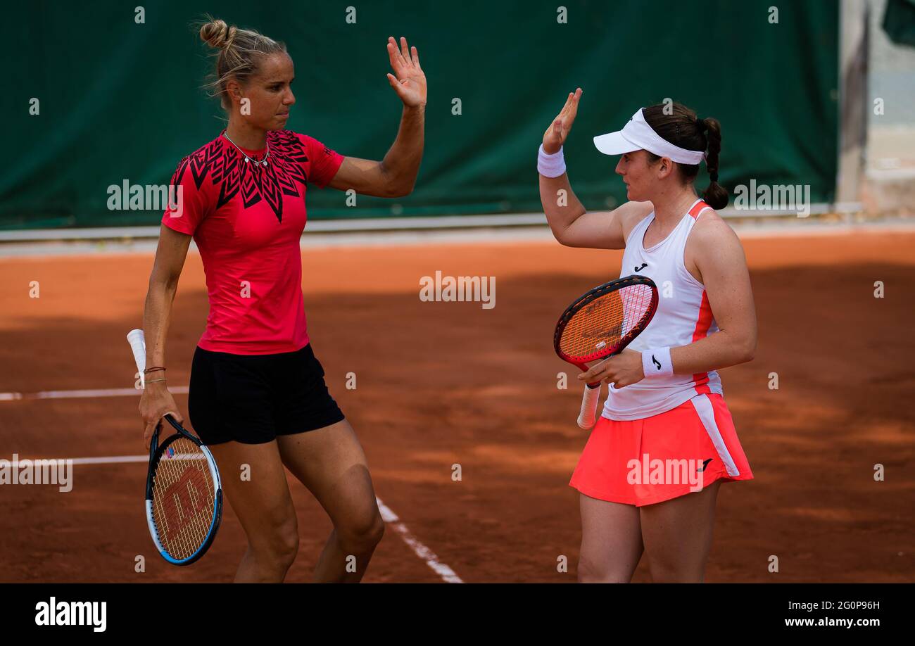 Arantxa Rus of the Netherlands and Tamara Zidansek of Slovenia in action  during her doubles match at the Roland-Garros 2021, Grand Slam tennis  tournament on June 2, 2021 at Roland-Garros stadium in