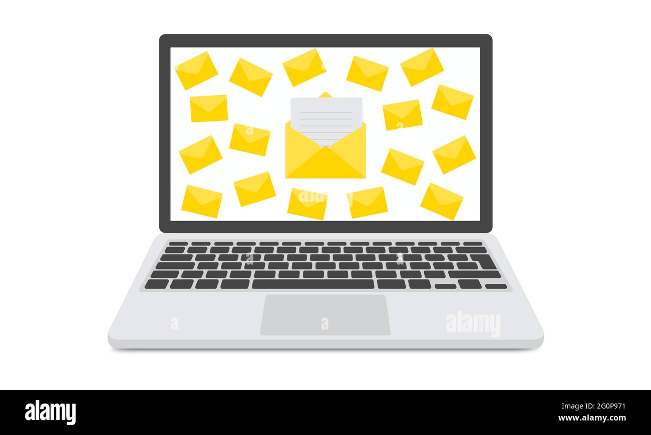 Spamming mailbox concept, a lot of emails on the screen of a monitor. Email box hacking, spam warning. Vector Illustration. Stock Vector