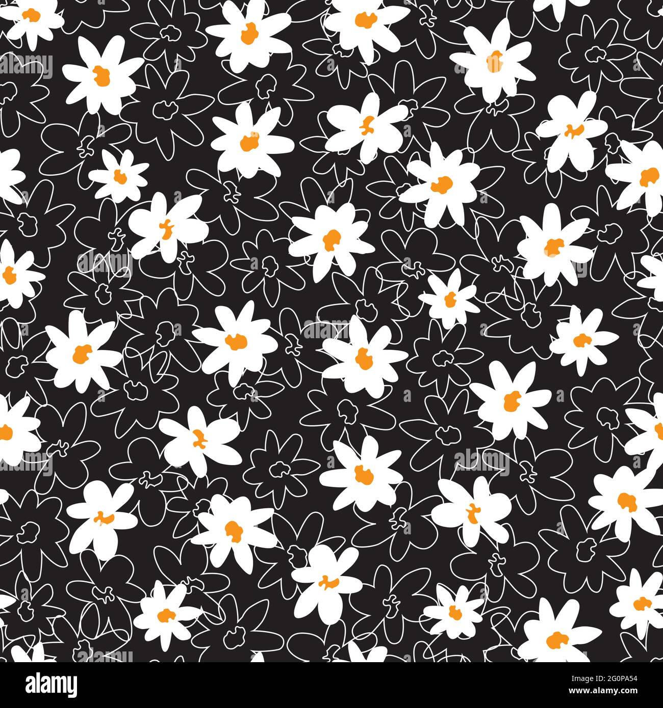 Vector black and white scattered fun daisy flowers repeat pattern with ...