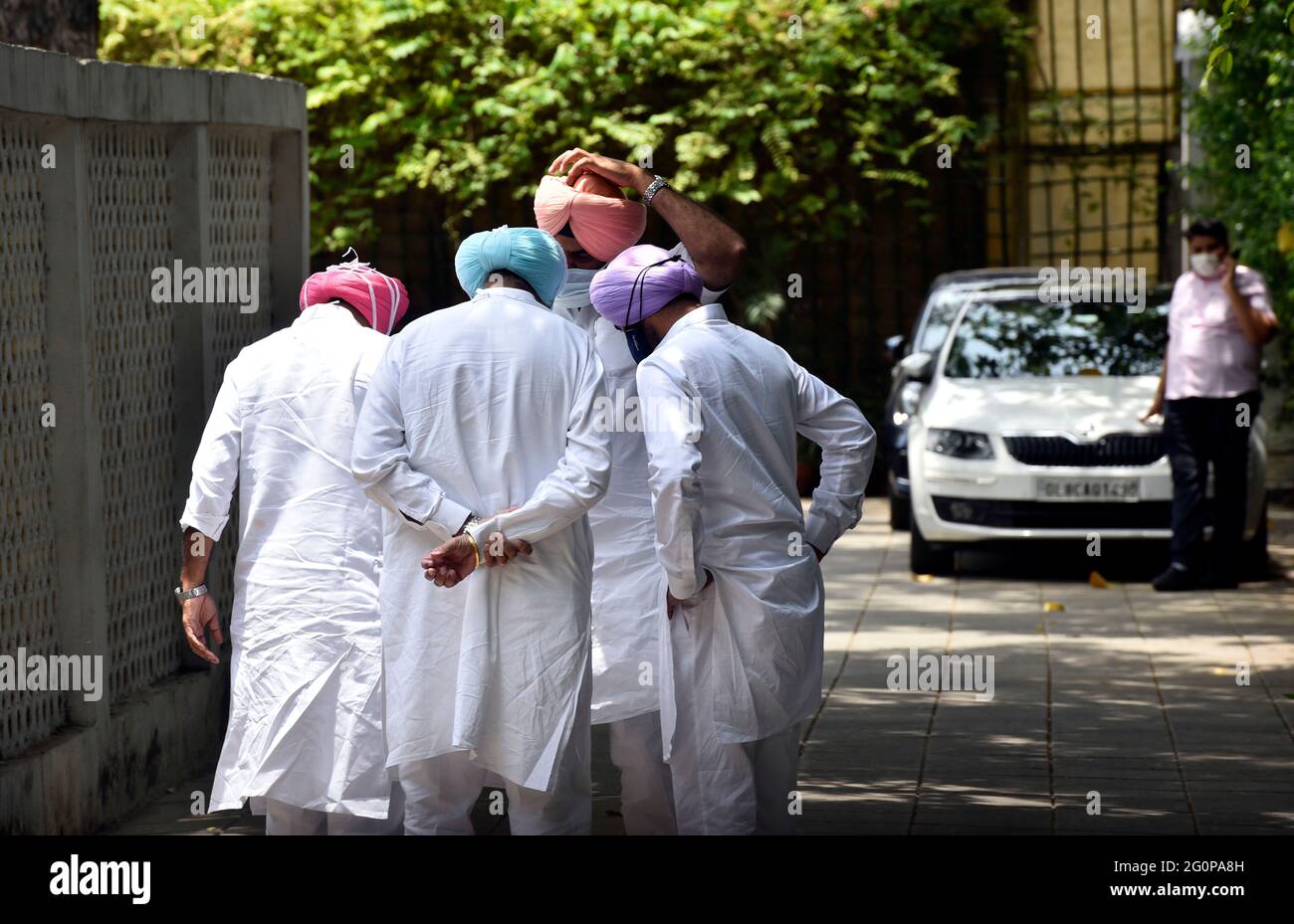 New Delhi, India. 02nd June, 2021. NEW DELHI, INDIA - JUNE 2: Balbir Singh Sidhu(2L), Health Minister Punjab with other MLAs leave after the meeting with a party panel at Gurudwara Rakab Ganj Road, on June 2, 2021 in New Delhi, India. Three member committee headed by Rajya Sabha MP Mallikarjun Kharge had one-on-one meetings with the leaders to hear their grievances and suggestions to find a solution to infighting. (Photo by Sanjeev Verma/Hindustan Times/Sipa USA) Credit: Sipa USA/Alamy Live News Stock Photo