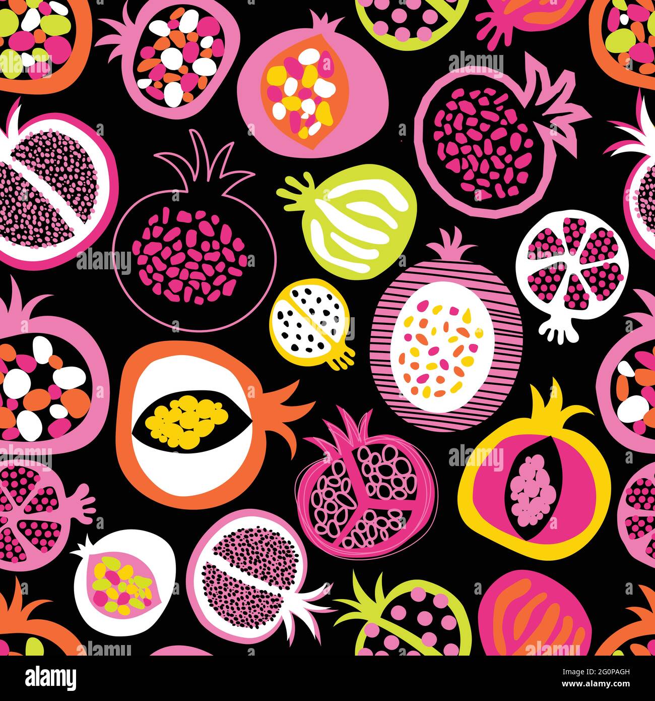 Pomegranate fruit halves seamless vector pattern. Hand drawn