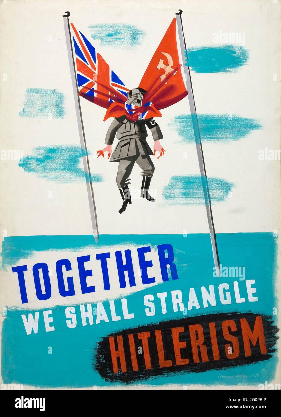 A vintage Allied propaganda poster showing Hitler strangled by USSR and UK flags with the slogan 'Together We Chall Strangle Hitlerism' Stock Photo