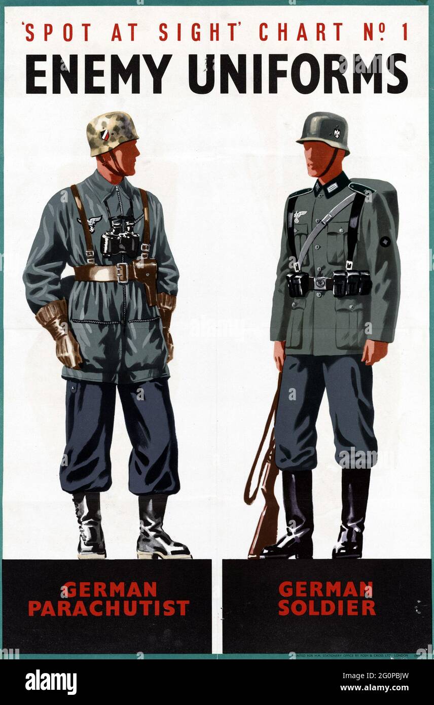 A vintage British 'Spot on Sight Chart' poster showing how to recognise enemy (ie german) uniforms Stock Photo