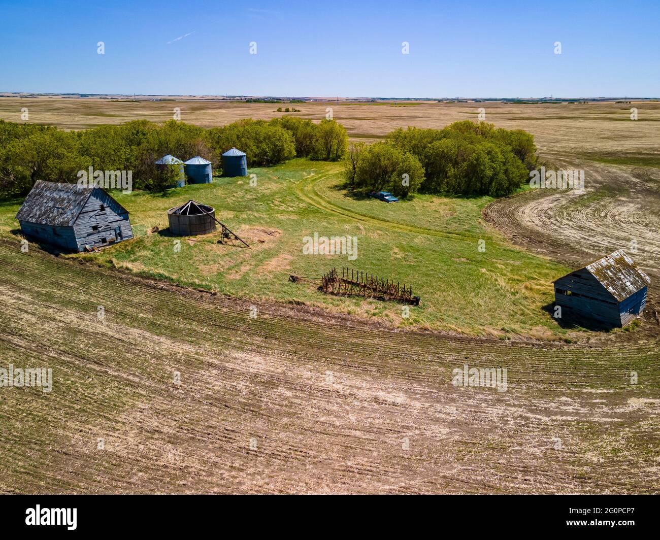 An aerial view of the old, abandoned farms and buildings that were ...