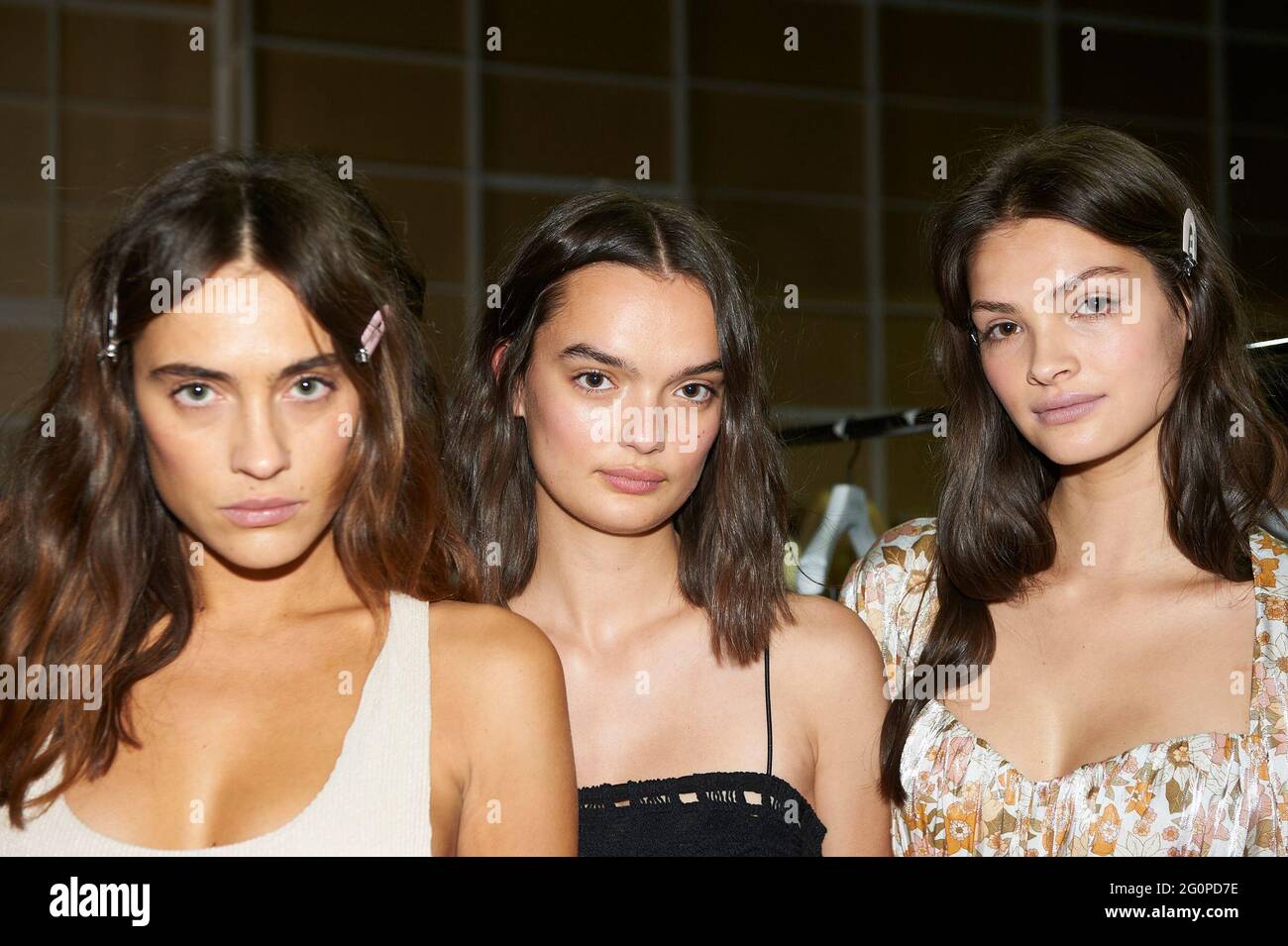 SYDNEY, AUSTRALIA - JUNE 03: Models pose backstage ahead of the Rumer show during Afterpay Australian Fashion Week 2021 Resort '22 Collections at Carriageworks on June 03, 2021 in Sydney, Australia Stock Photo