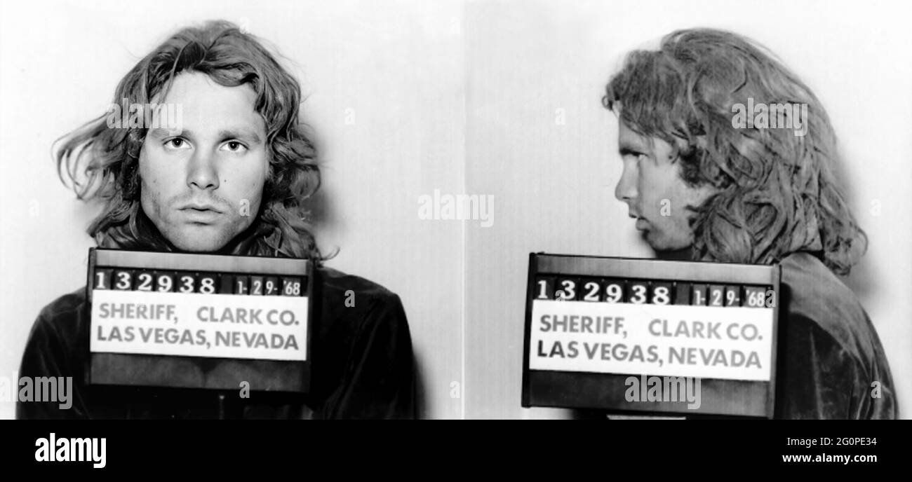 1968, 29 january, Clark County , Las Vegas , USA : The celebrated Rockstar singer and composer JIM MORRISON ( 1943 - 1971 ) of THE DOORS ( founded in 1965 ) when was arrested by Police Department in the official mug-shot . Jim had been charged arrested outside the Pussycat-A-Go-Go in Las Vegas for being drunk in public while visiting the city with author Robert Gover , who is also arrested . Unknown photographer , Clark County , Las Vegas , Nevada . - HISTORY - FOTO STORICHE  - MUSIC - MUSICA - cantante - COMPOSITORE - ROCK STAR - ARRESTO - Arrestation - ARRESTATO DALLA POLIZIA - FOTO SEGNALET Stock Photo