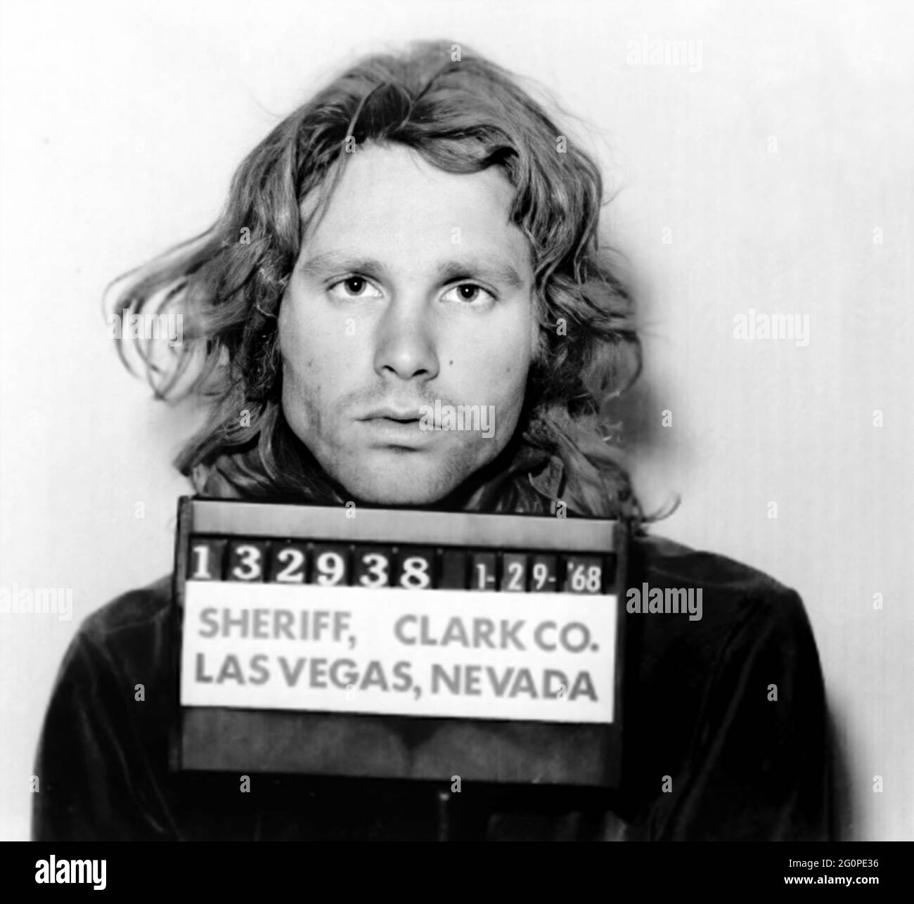 1968, 29 january, Clark County , Las Vegas , USA : The celebrated Rockstar singer and composer JIM MORRISON ( 1943 - 1971 ) of THE DOORS ( founded in 1965 ) when was arrested by Police Department in the official mug-shot . Jim had been charged arrested outside the Pussycat-A-Go-Go in Las Vegas for being drunk in public while visiting the city with author Robert Gover , who is also arrested . Unknown photographer , Clark County , Las Vegas , Nevada . - HISTORY - FOTO STORICHE  - MUSIC - MUSICA - cantante - COMPOSITORE - ROCK STAR - ARRESTO - Arrestation - ARRESTATO DALLA POLIZIA - FOTO SEGNALET Stock Photo