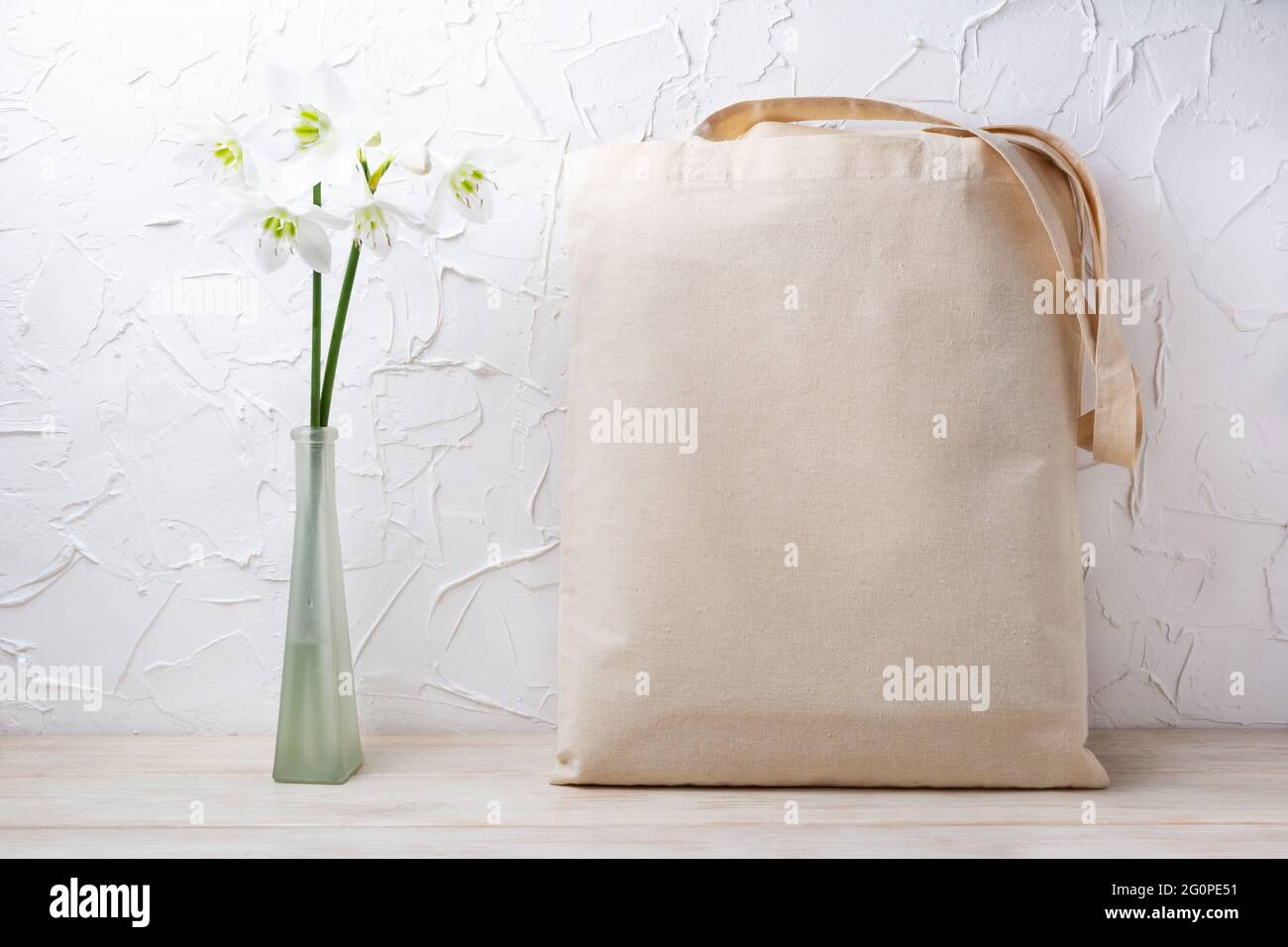 Download Canvas Tote Bag Mockup With White Lilies In The Glass Vase Rustic Linen Shopper Bag Mock Up For Branding Presentation Stock Photo Alamy