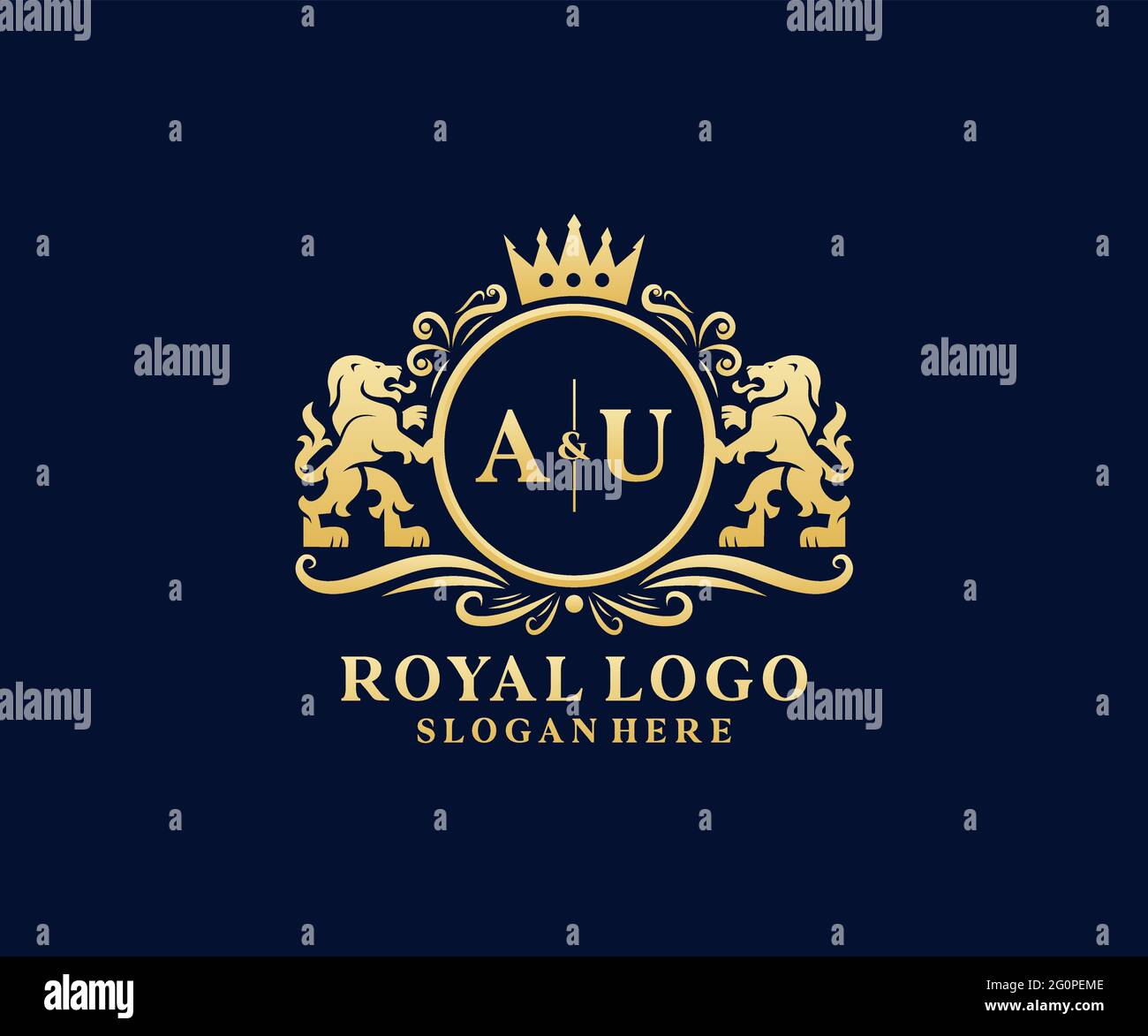 AU Letter Lion Royal Luxury Logo template in vector art for Restaurant, Royalty, Boutique, Cafe, Hotel, Heraldic, Jewelry, Fashion and other vector il Stock Vector