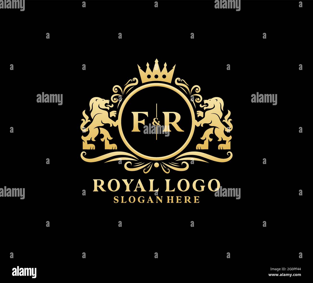 FR Letter Lion Royal Luxury Logo template in vector art for Restaurant, Royalty, Boutique, Cafe, Hotel, Heraldic, Jewelry, Fashion and other vector il Stock Vector