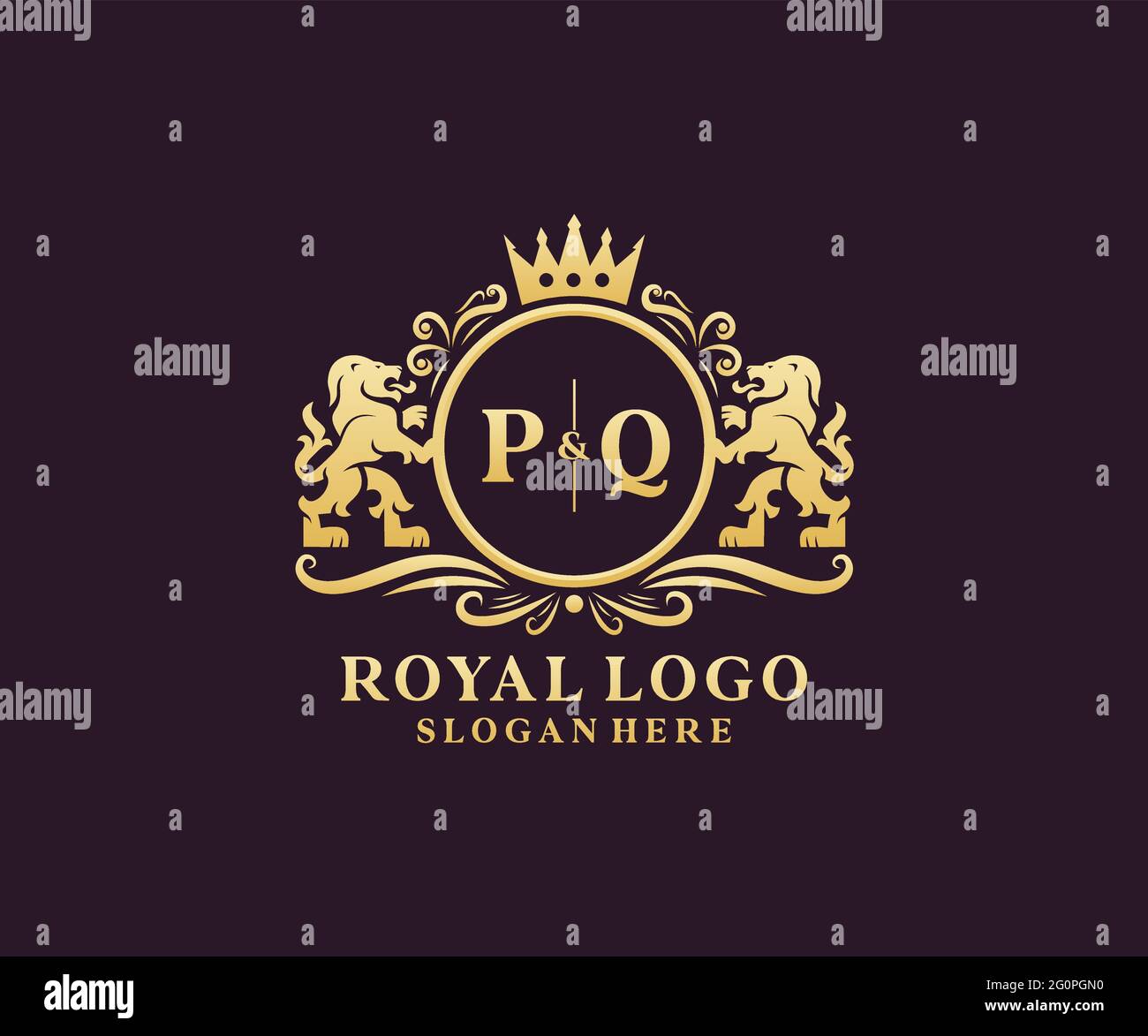 PQ Letter Lion Royal Luxury Logo template in vector art for Restaurant, Royalty, Boutique, Cafe, Hotel, Heraldic, Jewelry, Fashion and other vector il Stock Vector