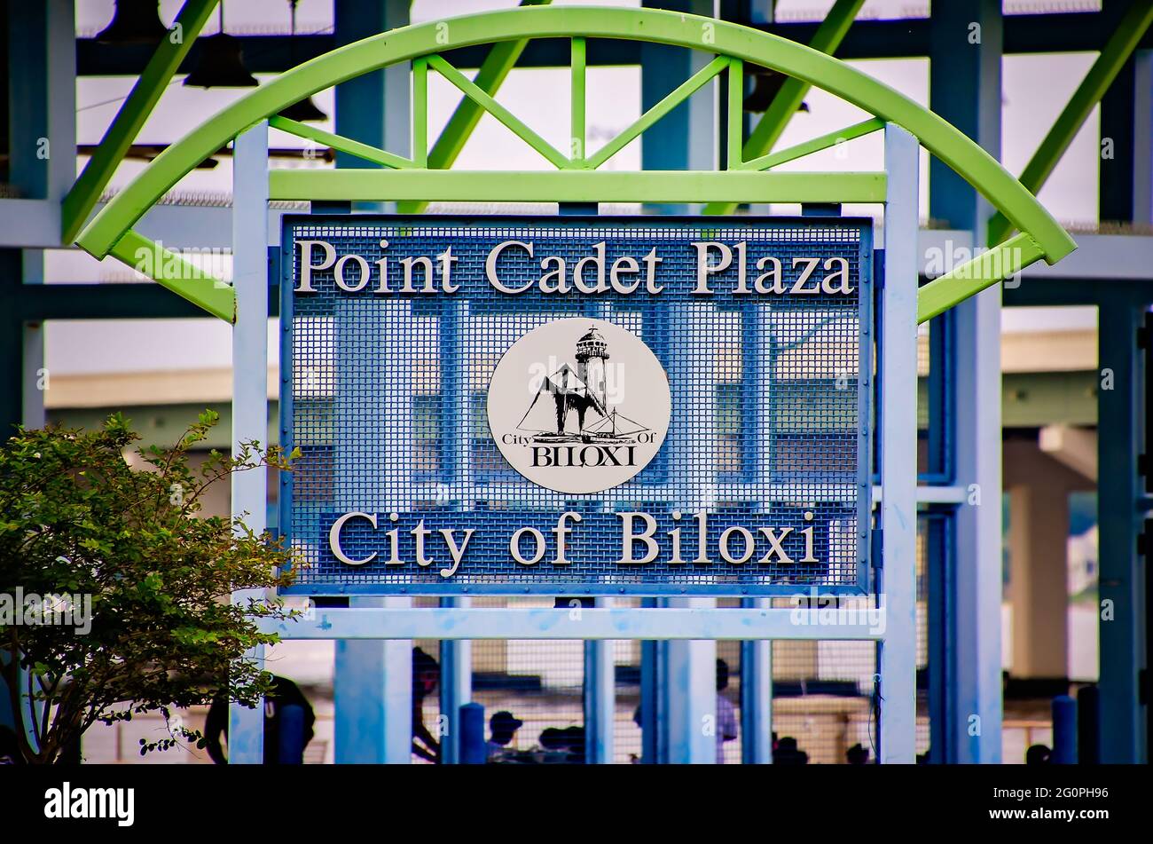 A sign for Point Cadet Plaza is pictured, May 29, 2021, in Biloxi, Mississippi. The waterfront park features a large pavilion and splash pad. Stock Photo