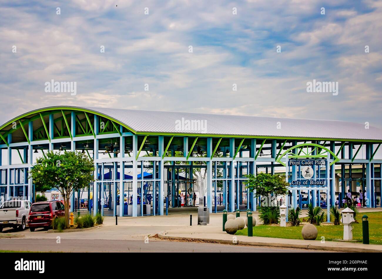Point Cadet Plaza is pictured, May 29, 2021, in Biloxi, Mississippi. The waterfront park features a large pavilion and splash pad for children. Stock Photo