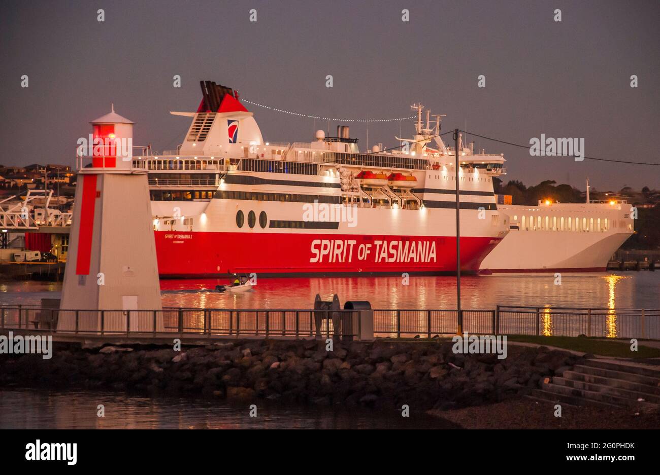 Spirit of Tasmania I in dock at the Bass Strait port of Devonport, Tasmania, loading for the overnight Ro-Ro service to Melbourne (Australia) Stock Photo