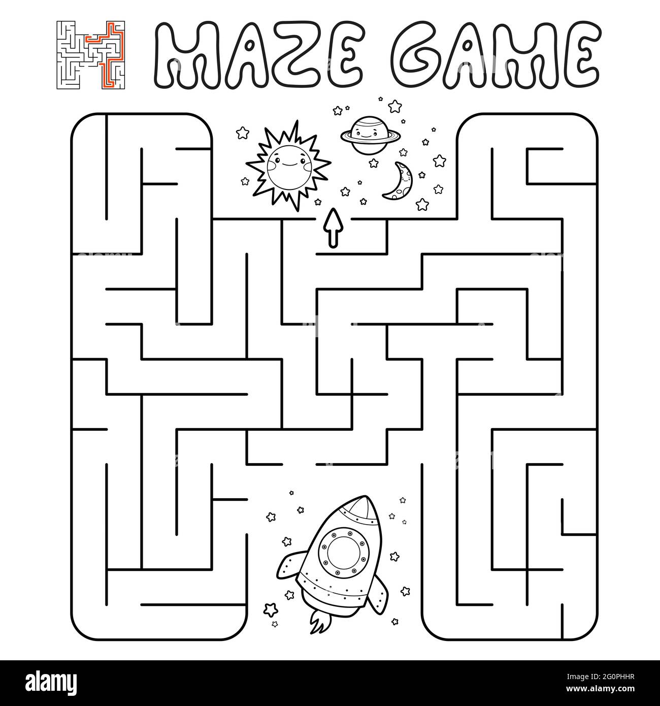 Maze puzzle game for children. Outline maze or labyrinth game with rocket.  Vector illustrations Stock Vector Image & Art - Alamy