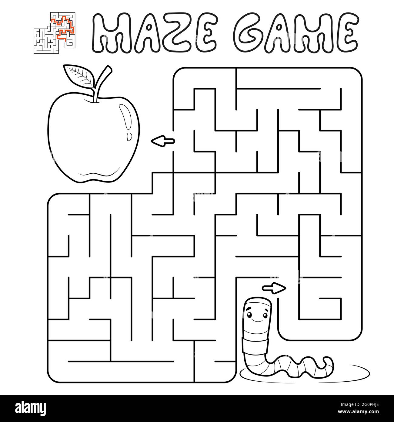 Maze puzzle game for children. Outline maze or labyrinth game with worm