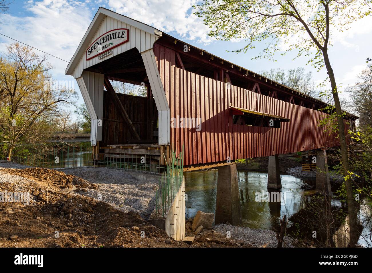 The 1873 Spencerville Covered Bridge, closed for rehabilitation, spans