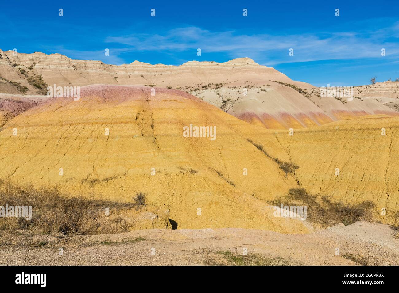 View of the Yellow Mounds, formed of Yellow Mounds Paleosol, in Badlands National Park, South Dakota, USA Stock Photo