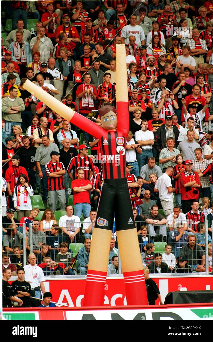 Bayarena Leverkusen Germany 11.8.2001, football: Bundesliga season 2001/02, Bayer 04 Leverkusen (B04, red)  vs FC Bayern Munich (FCB, white) - inflatable doll, fans Stock Photo