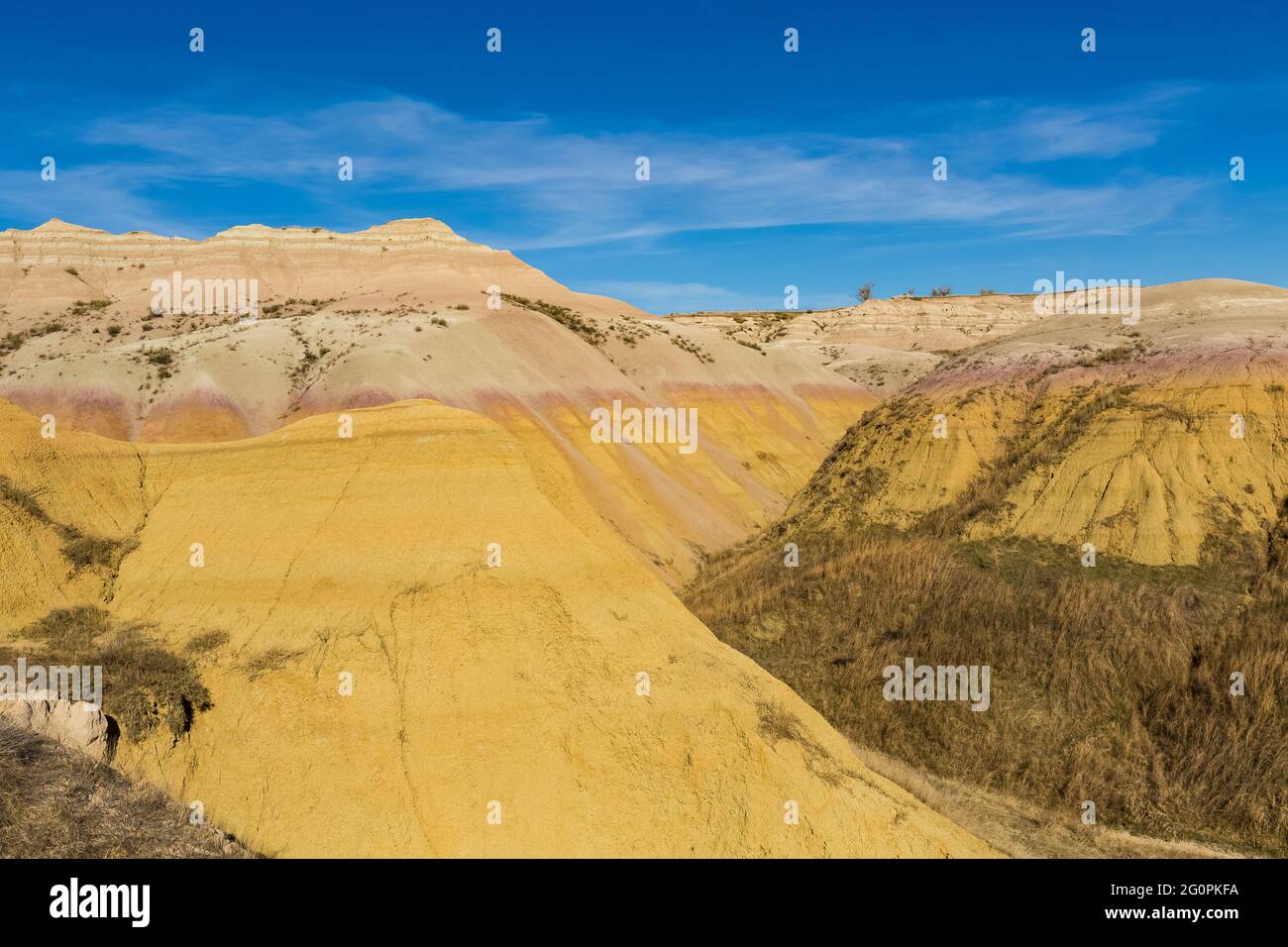 View of the Yellow Mounds, formed of Yellow Mounds Paleosol, in Badlands National Park, South Dakota, USA Stock Photo