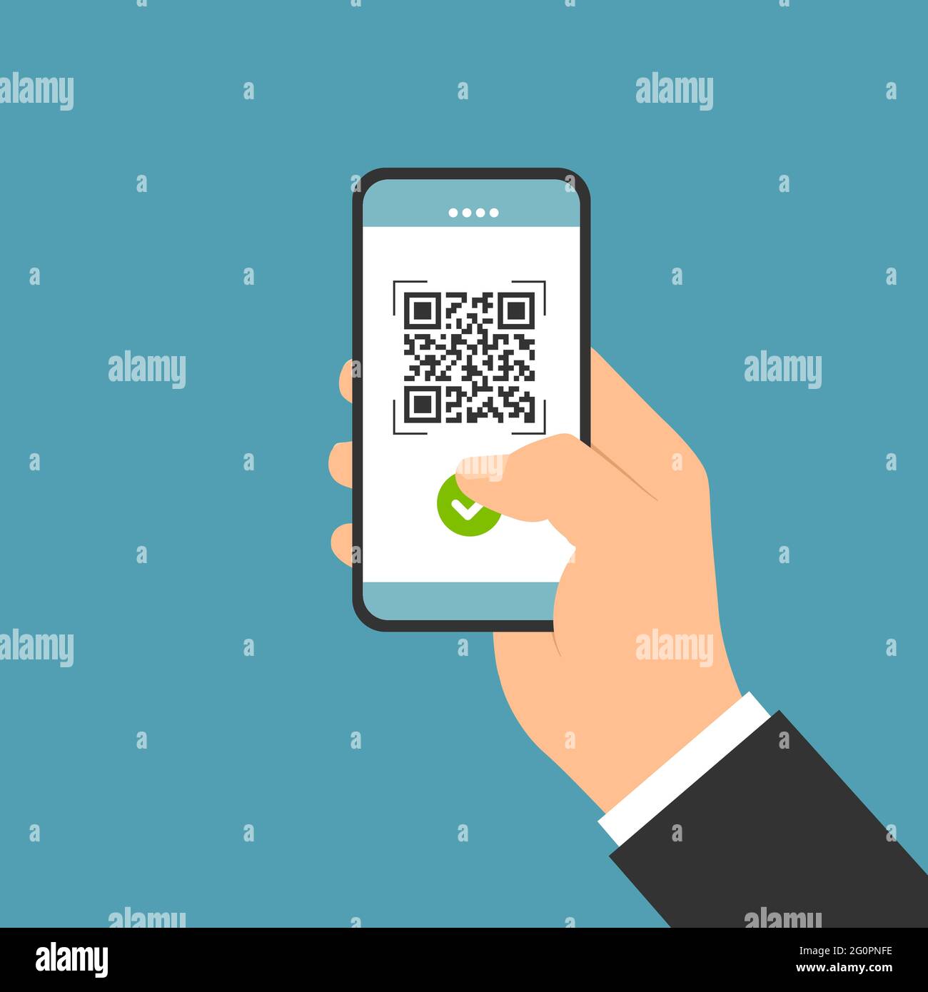 Flat design illustration of male hand holding touch screen mobile phone. QR code scan for payment - business vector Stock Vector