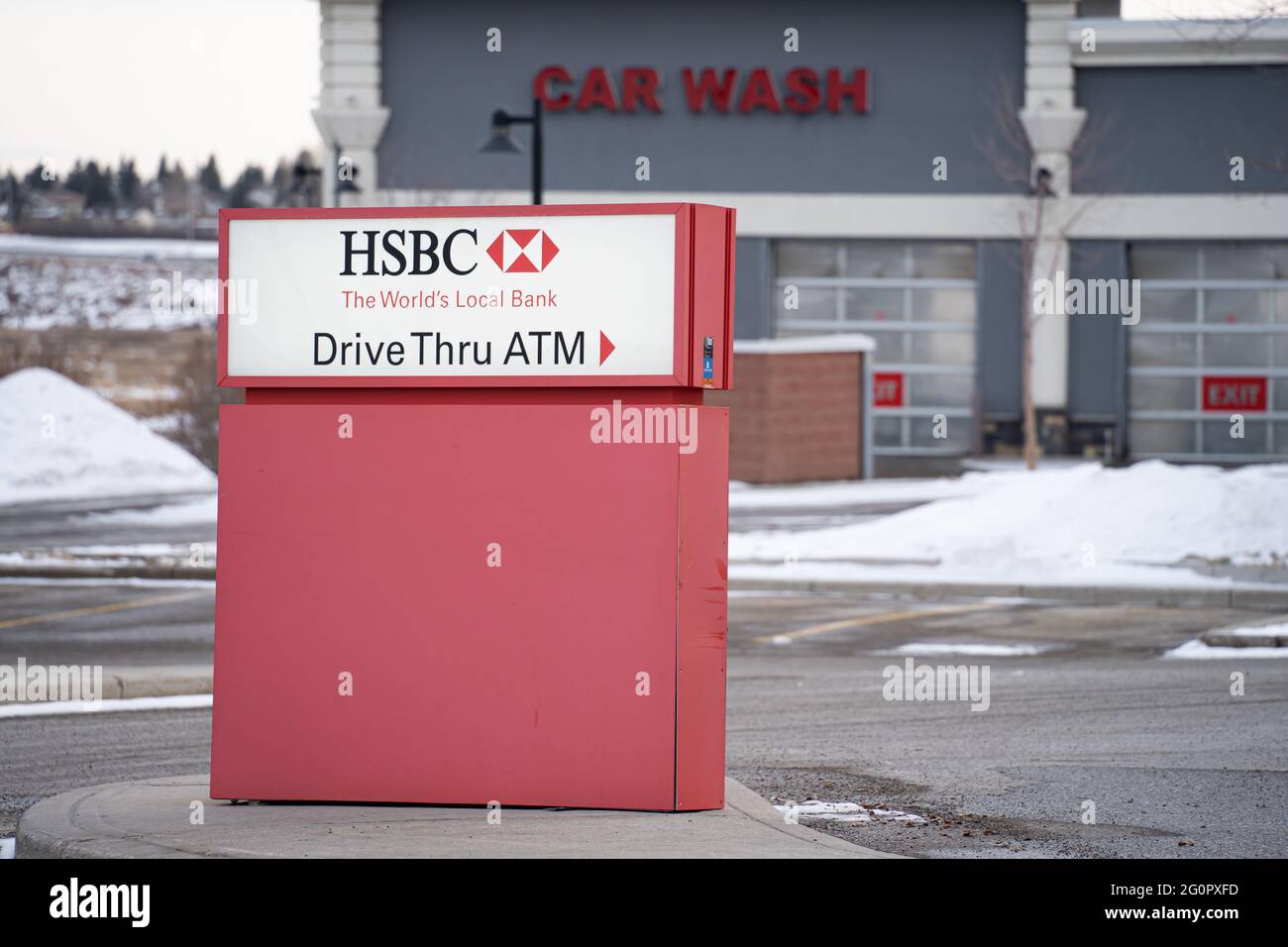 January 31 2021 - Calgary Alberta Canada - HSBC Drive thru ATM Stock Photo