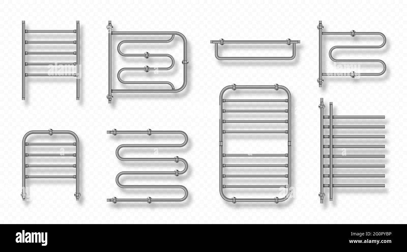 Towel heater rail warmer, coil dryer bathroom accessories. Metal chrome radiators for drying wet clothes isolated on transparent background, steel bath room design elements Realistic 3d vector set Stock Vector