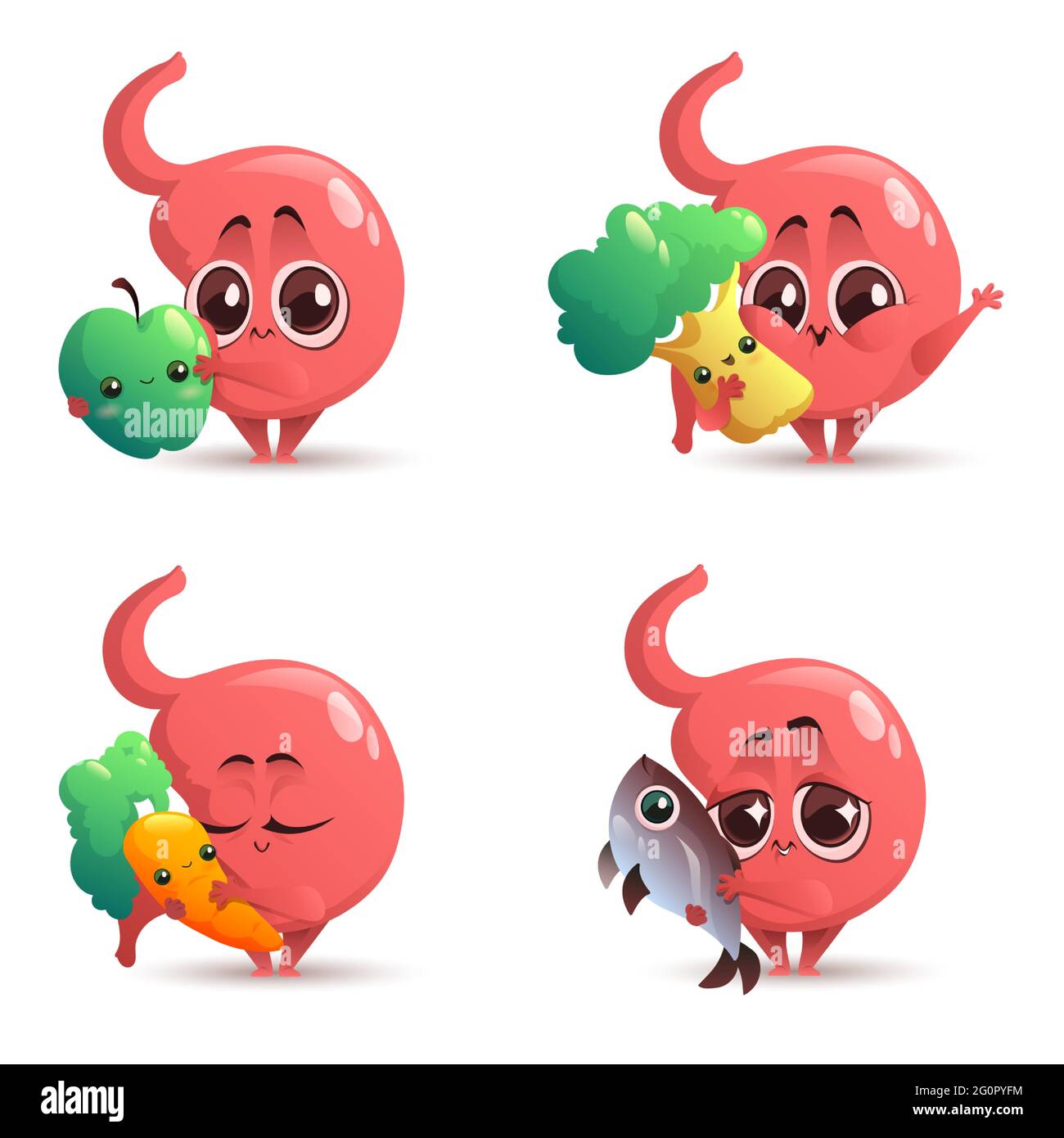 Cute stomach character with healthy food, fruit, vegetables and fish. Human gastric with good products. Vector set of cartoon digestive organ with apple, broccoli and carrot Stock Vector