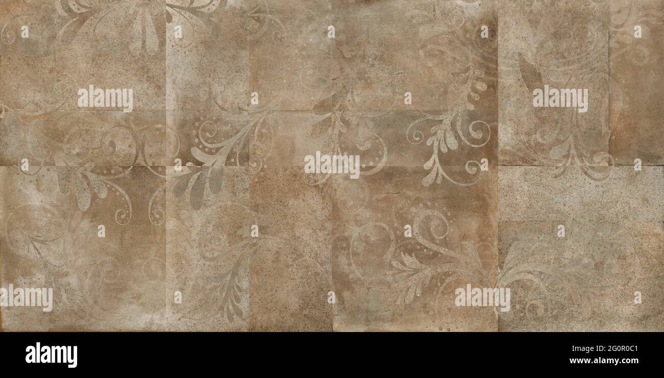 brown color stone design with floral texture vintage effect ceramic wall tiles use Stock Photo