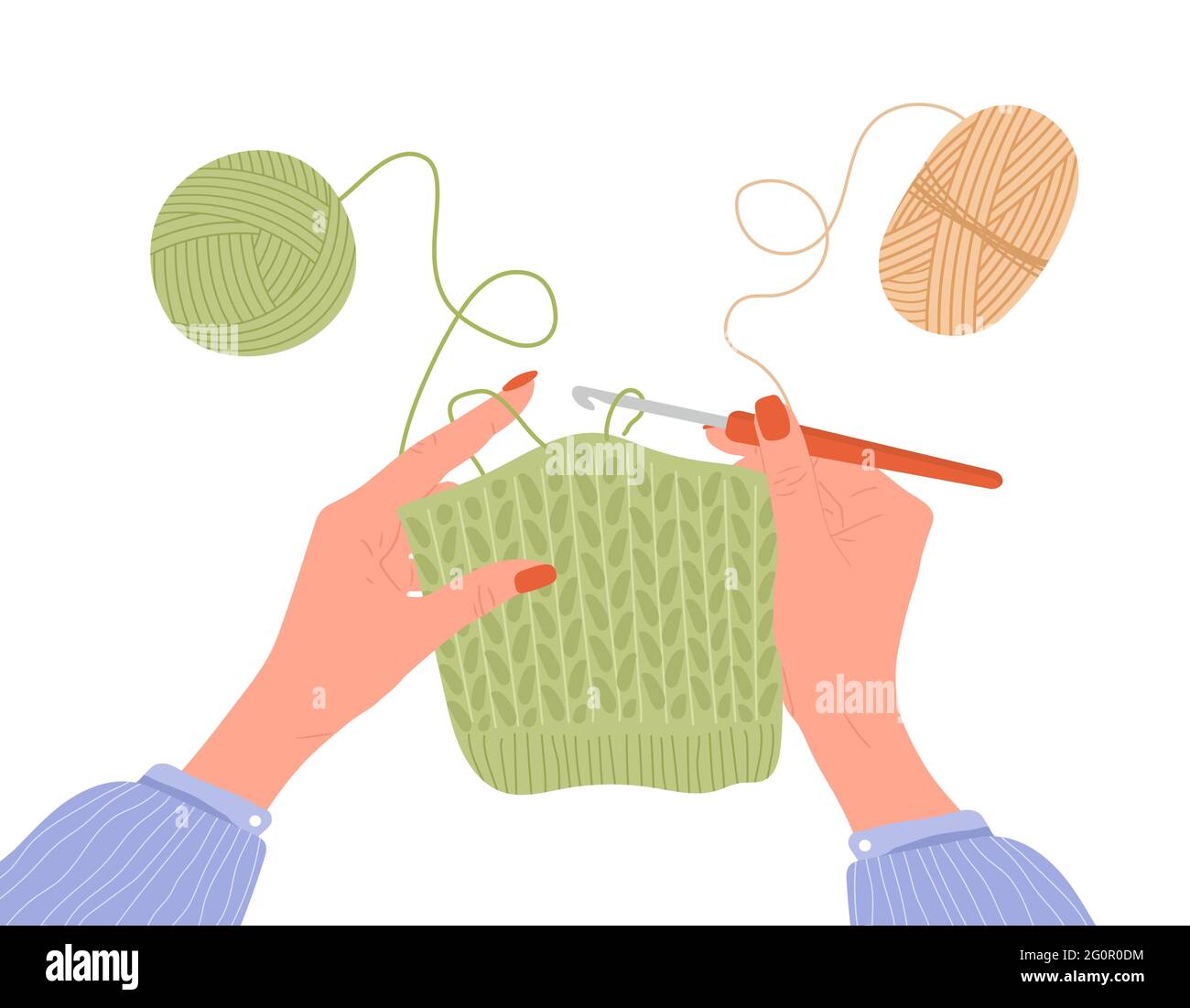 Crochet knitting process. Female hands with hook and thread. Balls of