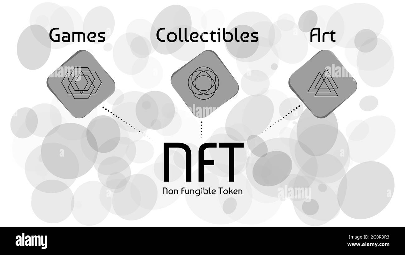 NFT non fungible tokens infographics on abstract light background. Pay for unique collectibles in games or art. Stock Photo