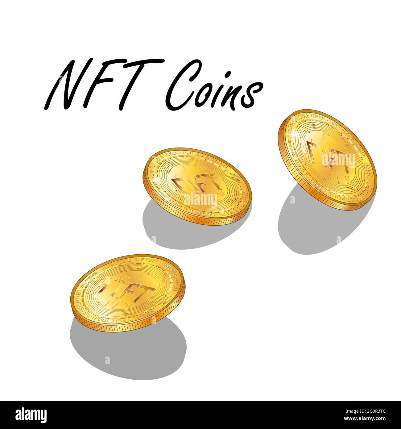 Set of detailed isometric golden coins NFT non fungible tokens isolated on white. Pay for unique collectibles in games or art. Stock Photo