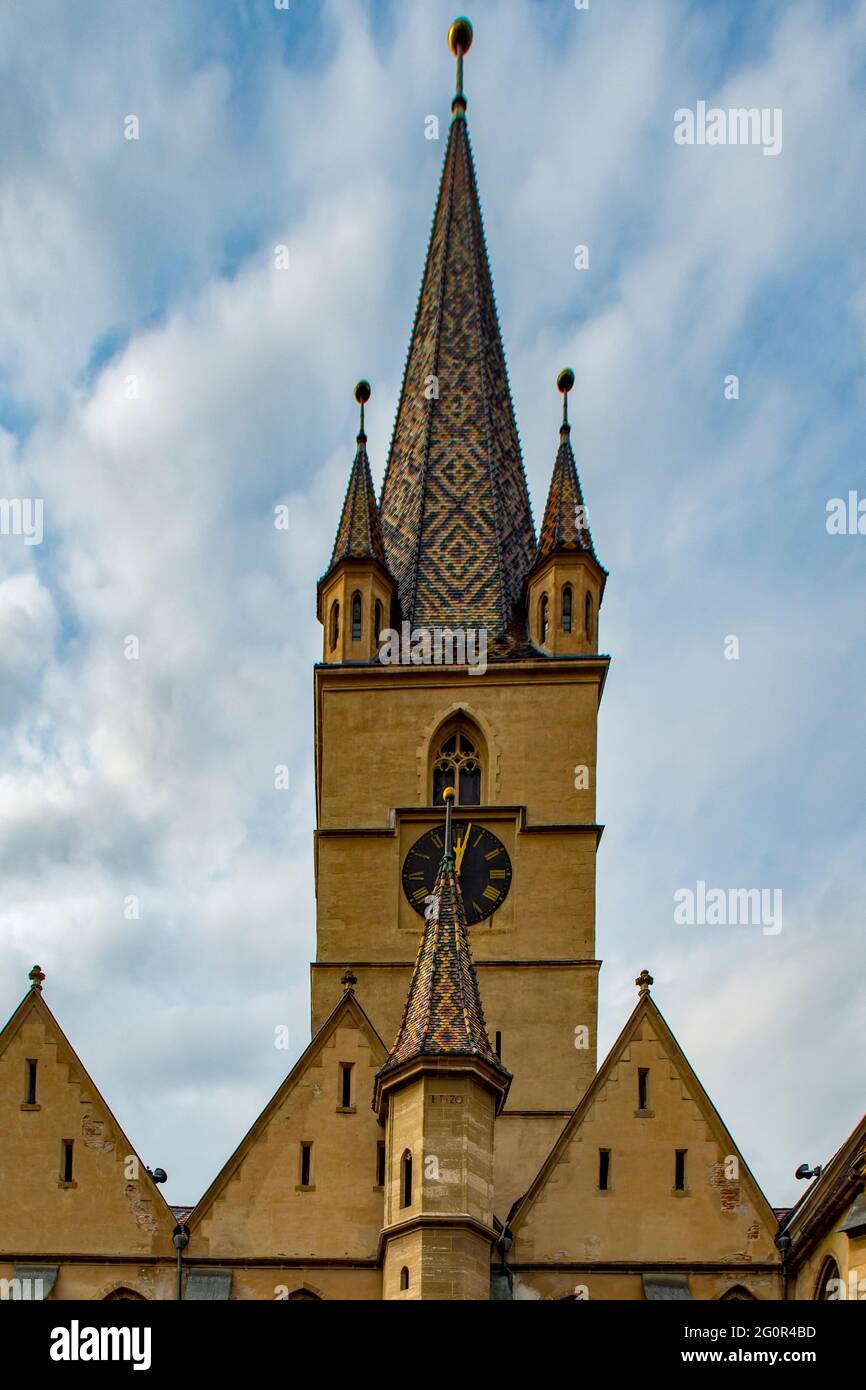 Clock Tower of Lutheran Cathedral of St Mary, Old Sibiu, Romania Stock Photo