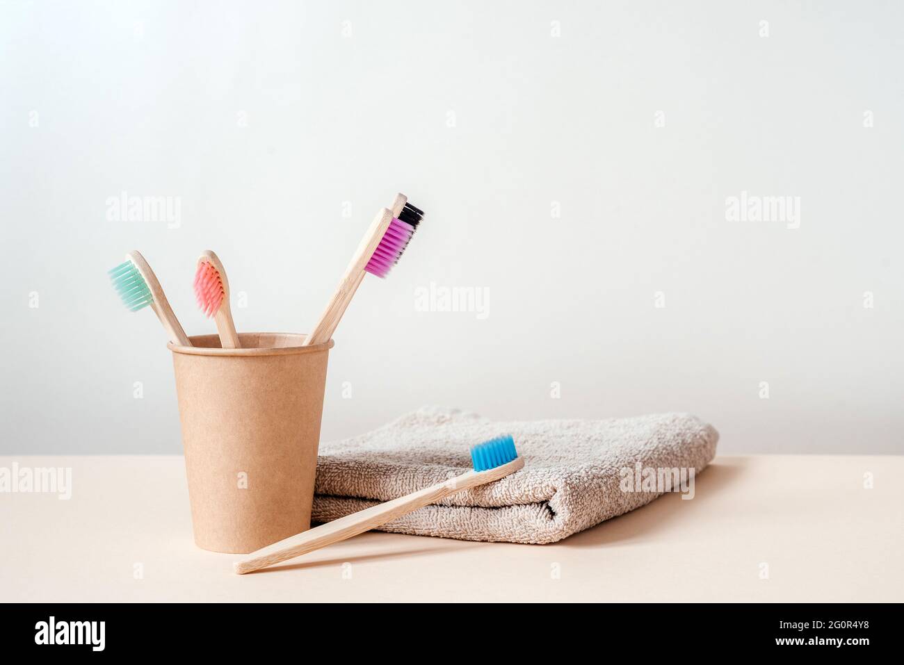 Zero waste bamboo toothbrushes in paper cup, dental care with zero ...