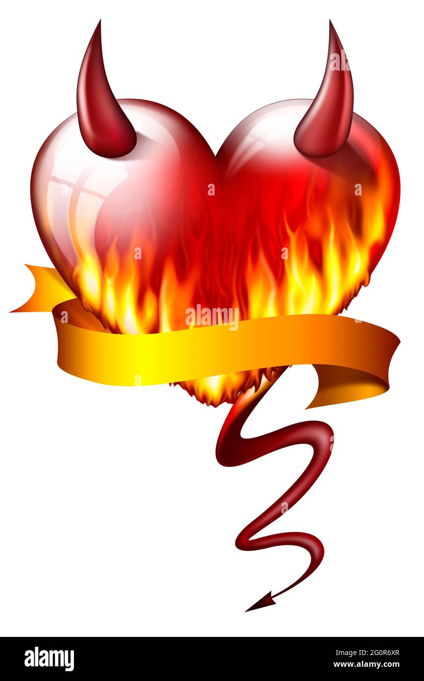 heart on fire, with sash and devil attributes, isolated on white background Stock Photo