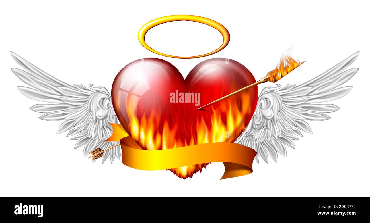fiery heart with angel wings and sash pierced by an arrow of fire Stock Photo