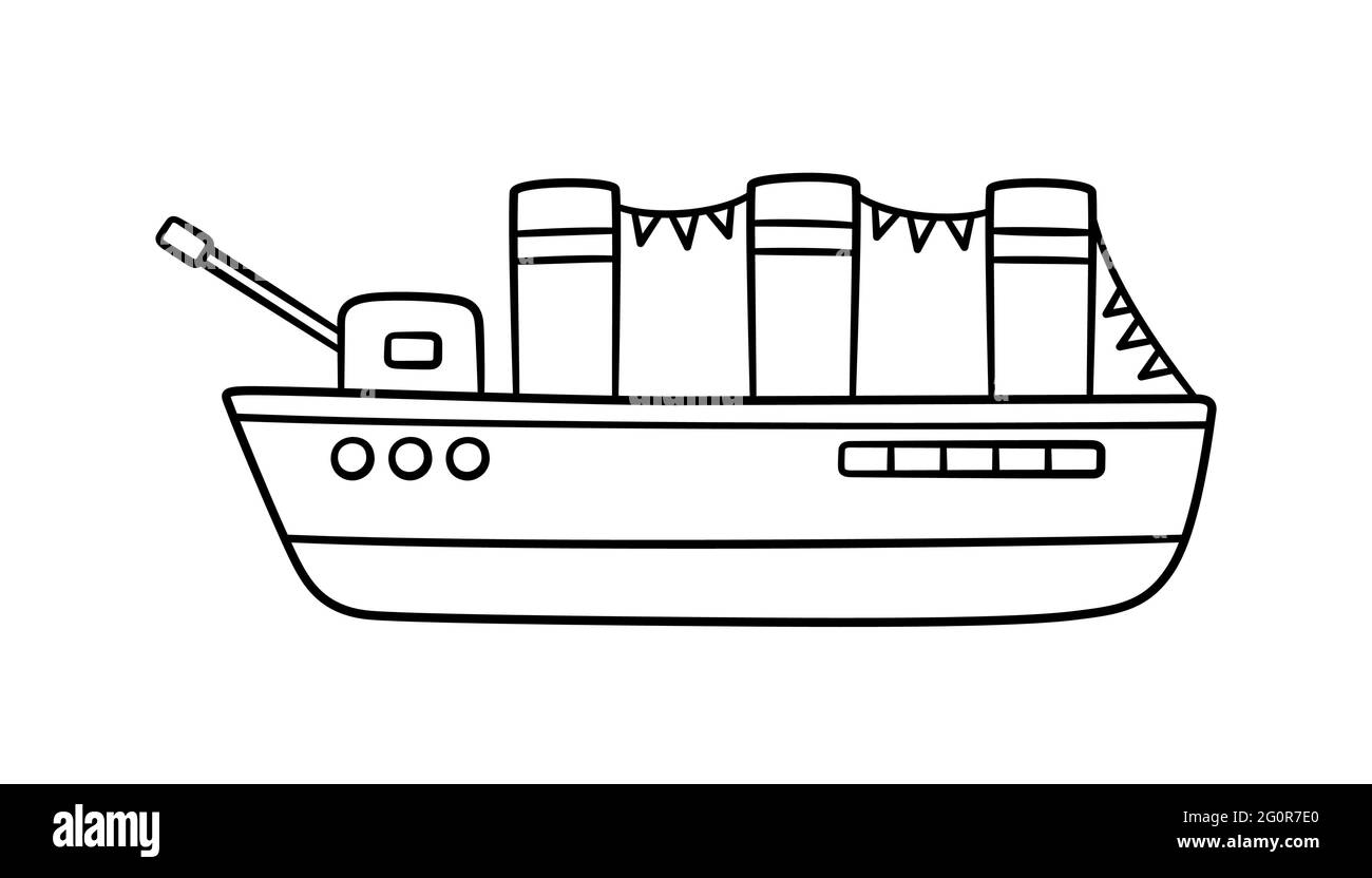 Hand drawn battleship. Children drawing of a war ship. Military cruiser. Vector illustration isolated on white background Stock Vector