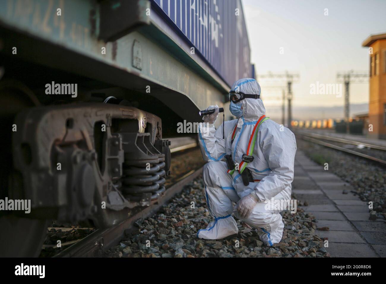 Bortala, China. 02nd June, 2021. The border policeman from entry-exit inspection station are checking the China-Europe freight trains in Bortala, Xinjiang, China on 02th June, 2021.(Photo by TPG/cnsphotos) Credit: TopPhoto/Alamy Live News Stock Photo