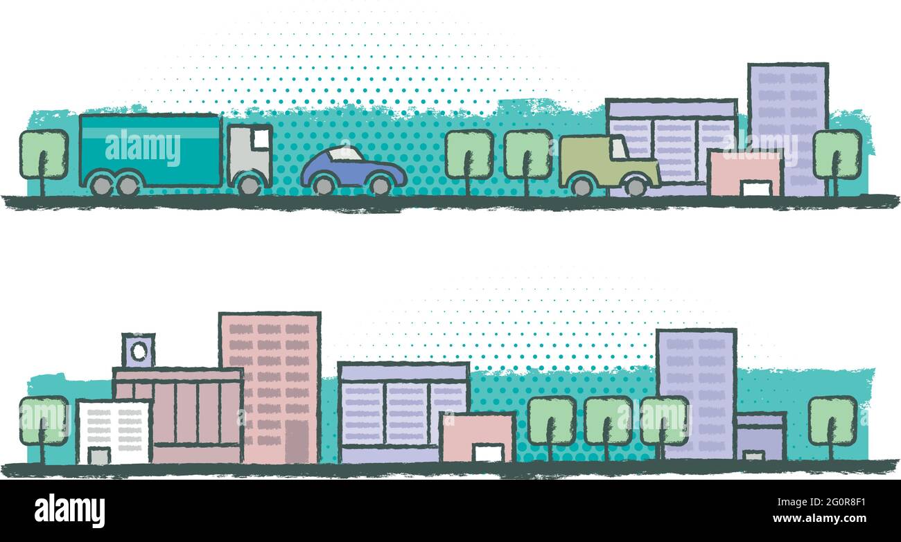 Two illustrations of landscape format. In the first illustration several vehicles running between the buildings of a city. The other illustration is a Stock Vector