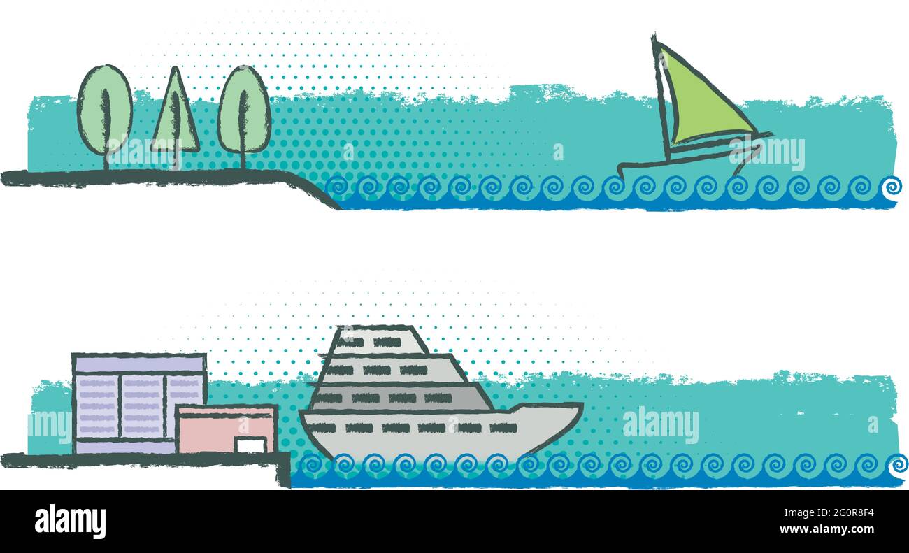 Two illustrations of landscape format. In the first picture a sailboat sailing on the waves. The other illustration shows a cruise ship docked at the Stock Vector