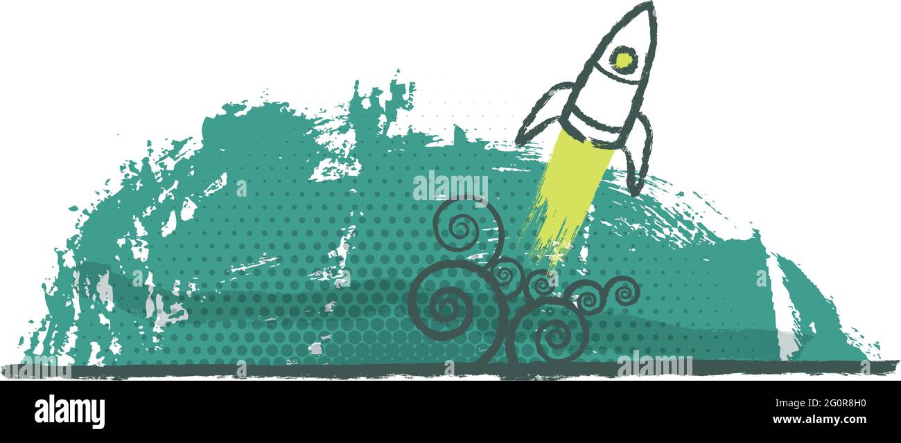 A rocket blasts off into space on a grunge background. Stock Vector