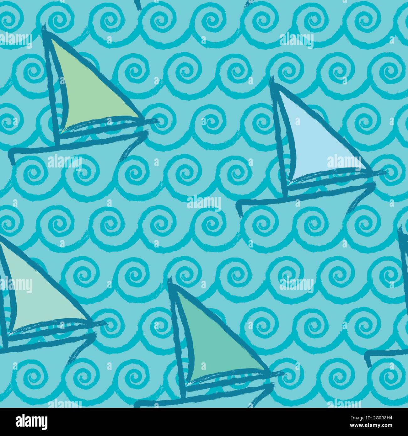 A seamless background of sailing boats sailing on blue waves. The drawings are made with grunge stroke. Stock Vector