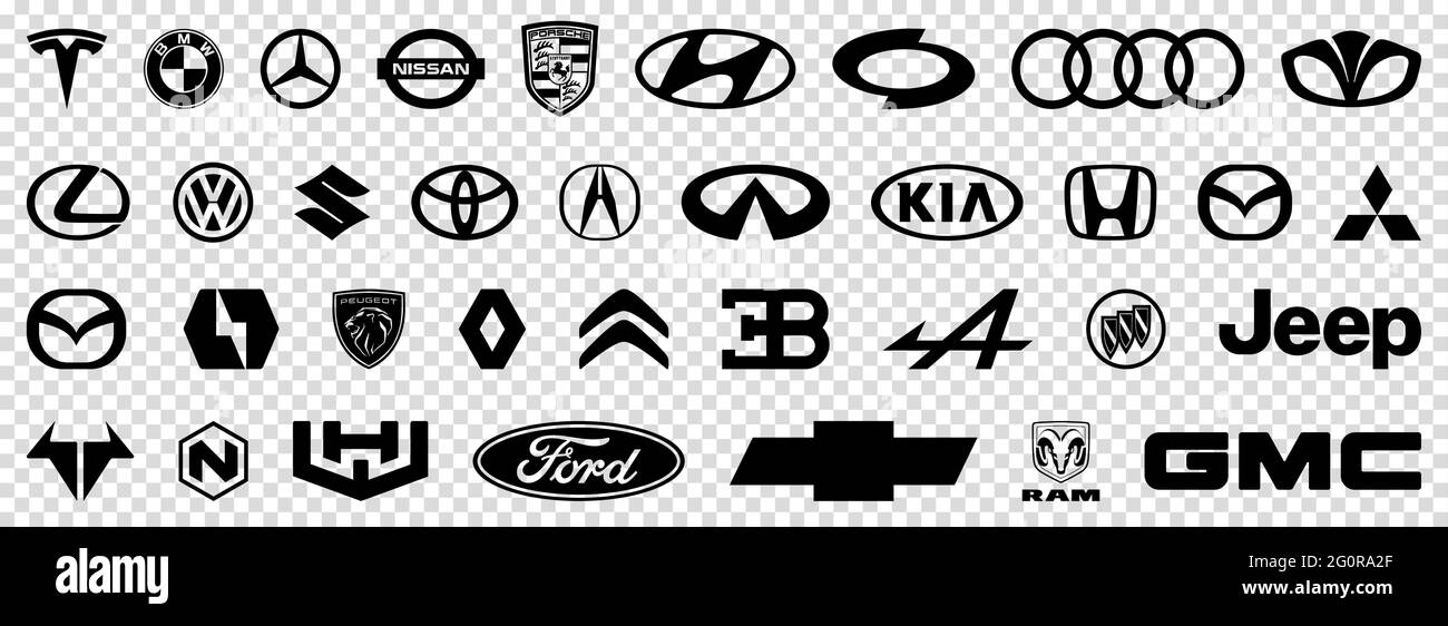 Vinnytsia, Ukraine - May 30, 2021: Collection of car brands logos. Tesla, bmw, volkswagen, mercedes, mazda and more. Editorial vector icons isolated o Stock Vector