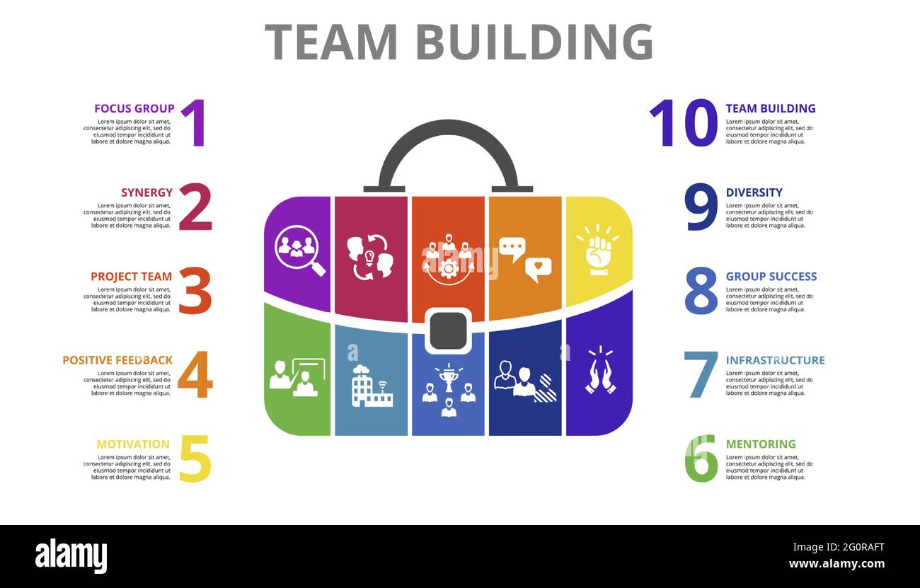 Infographic Team Building template. Icons in different colors. Include ...