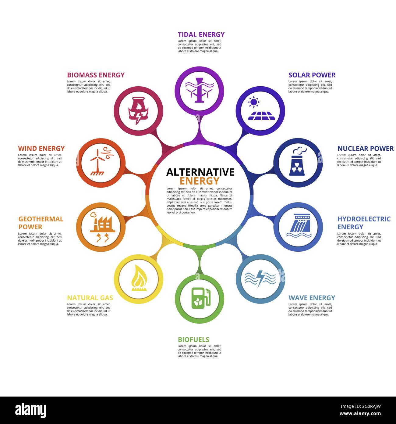 Infographic Alternative Energy template. Icons in different colors ...