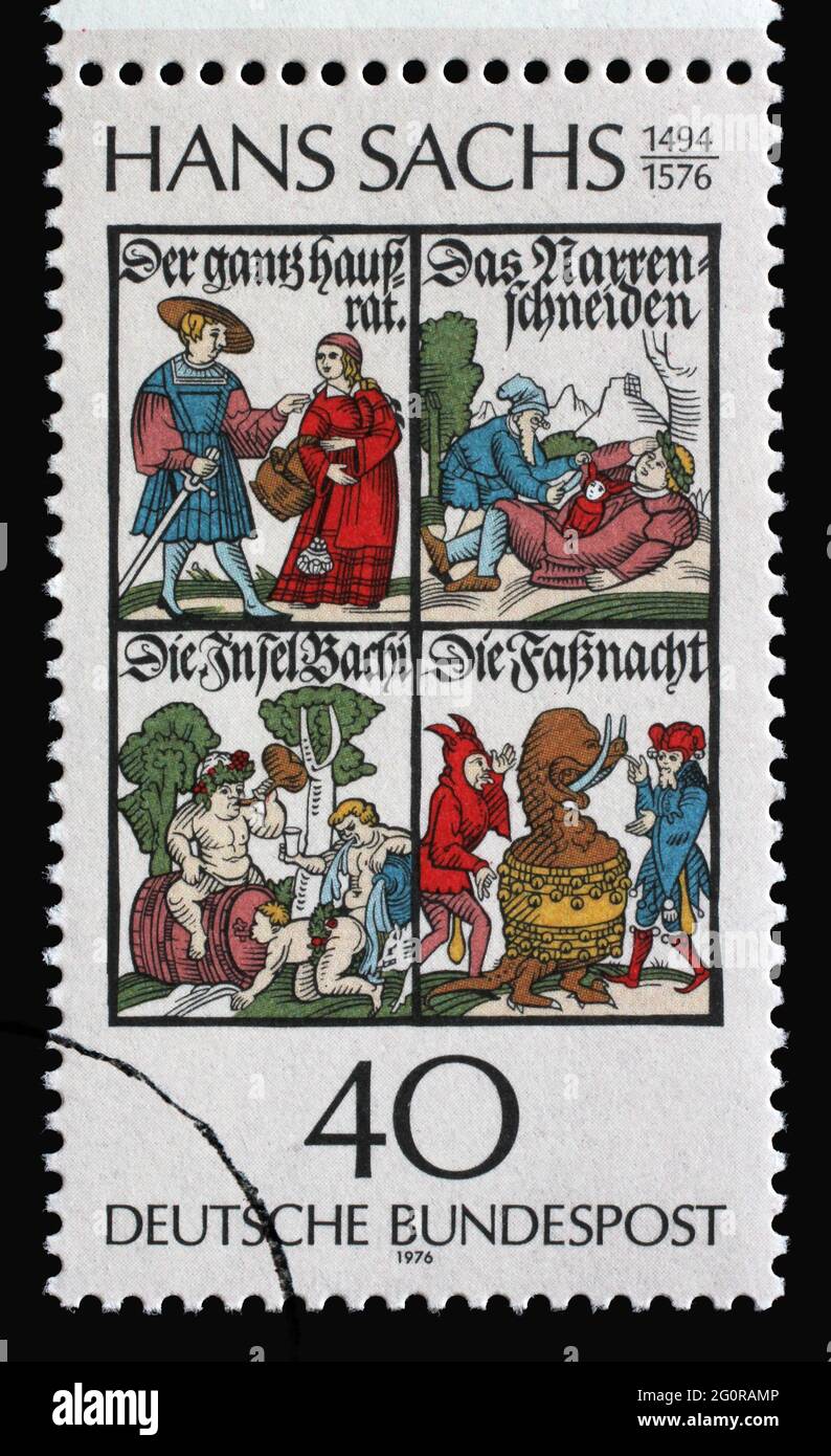 A stamp printed in Germany showing Illustrations for the books by Hans Sachs, 400th anniversary of the death of Hans Sachs (1494–1576), circa 1976 Stock Photo