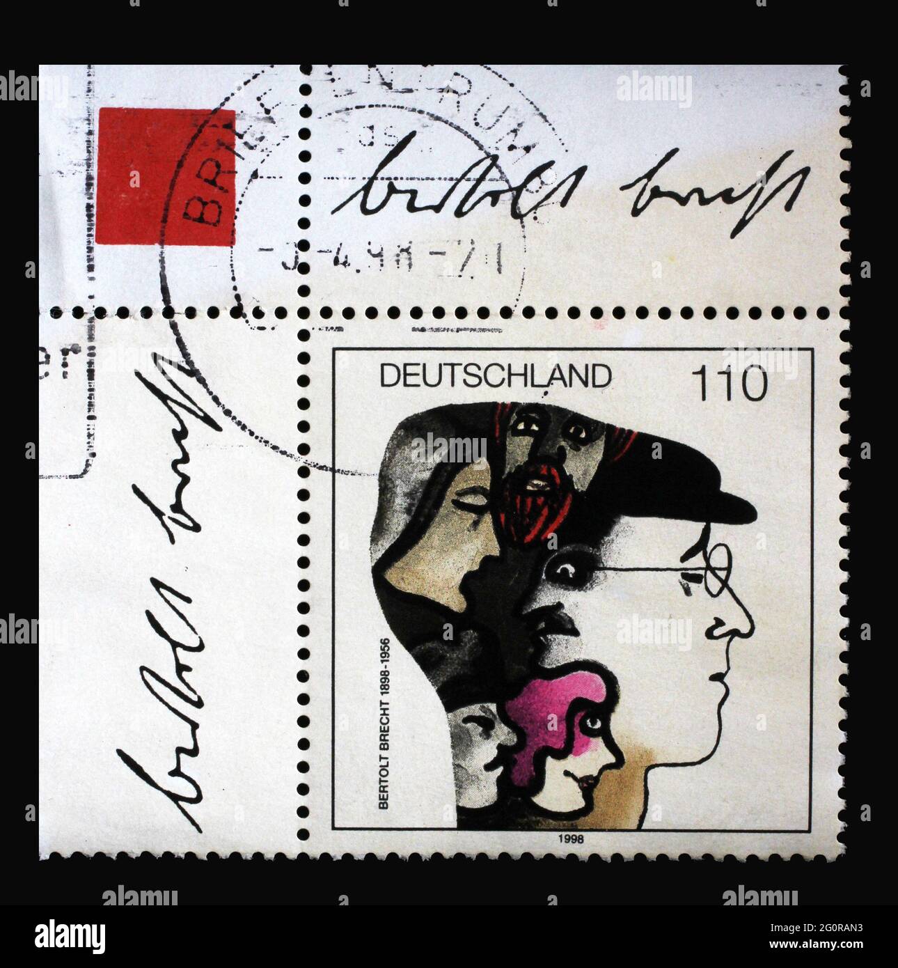 A stamp printed in Germany shows Characters in Brecht's Head, Birth centenary of Bertolt Brecht (1896-1956), dramatist, circa 1998 Stock Photo